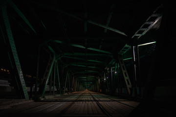 The tram tracks of Most Gdanski Bridge in Warsaw at night