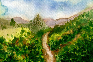 watercolor paintings - nature paintings , mountains, trees  and clouds scenery
