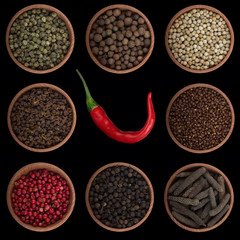 set of peppercorn in wooden cup isolated on black background