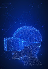 Virtual reality technology network futuristic hud polygon 3d human's head with VR headset on peer to peer network background represent high technology and digital device concept. Vertical layout.