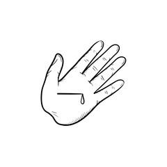 A hand with a wound hand drawn outline doodle icon. A wound with blood on a palm as first aid concept vector sketch illustration for print, web, mobile and infographics isolated on white background.