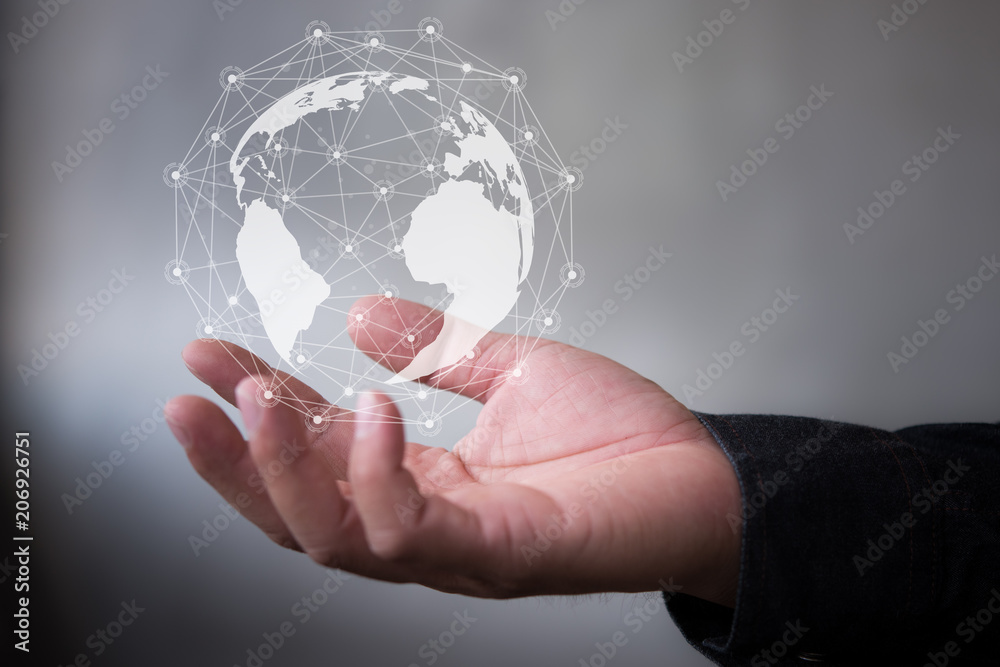 Poster businessman hand with virtual button on earth map point with network connection, international meani