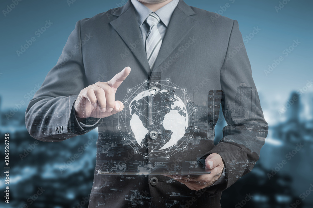 Poster businessman hand touching virtual button on earth map point with network connection, international m