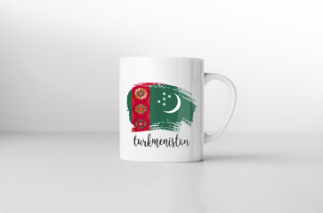 Turkmenistan flag souvenir mug on white background. 3D rendering