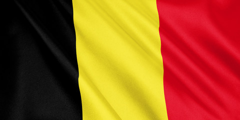 Obraz premium Belgium flag waving with the wind, wide format, 3D illustration. 3D rendering.