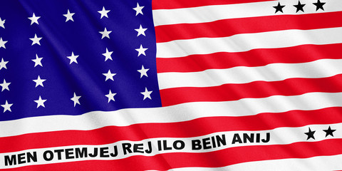 Bikini Atoll flag waving with the wind, wide format, 3D illustration. 3D rendering.