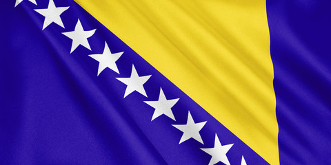 Bosnia and Herzegovina flag waving with the wind, wide format, 3D illustration. 3D rendering.
