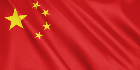 China flag waving with the wind, wide format, 3D illustration. 3D rendering.