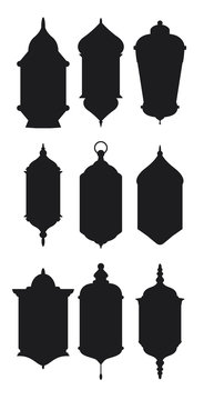 Ramadan vintage lantern linear icons. muslim antique lamp symbols.