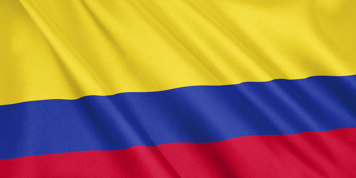 Colombia flag waving with the wind, wide format, 3D illustration. 3D rendering.