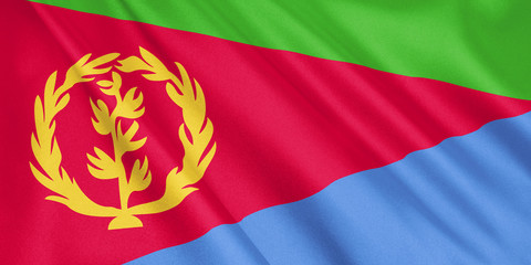 Eritrea flag waving with the wind, wide format, 3D illustration. 3D rendering.