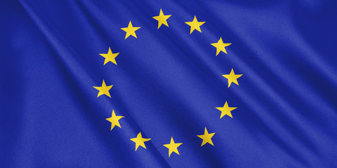 European Union flag waving with the wind, wide format, 3D illustration. 3D rendering.