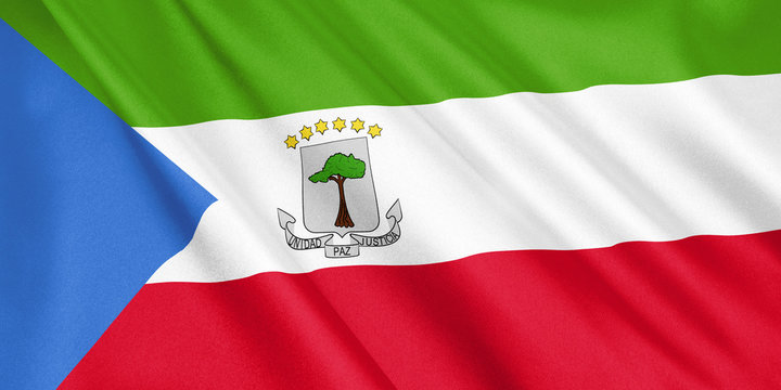 Equatorial Guinea flag waving with the wind, wide format, 3D illustration. 3D rendering.