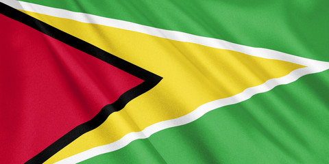 Guyana flag waving with the wind, wide format, 3D illustration. 3D rendering.