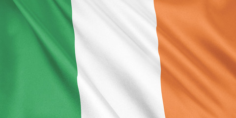 Ireland flag waving with the wind, wide format, 3D illustration. 3D rendering.