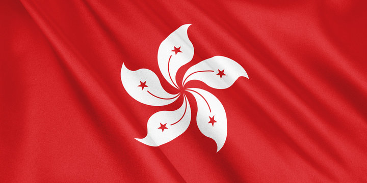 Hong Kong flag waving with the wind, wide format, 3D illustration. 3D rendering.