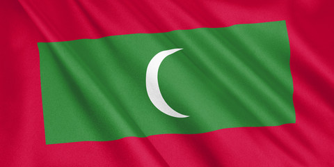 Maldives flag waving with the wind, wide format, 3D illustration. 3D rendering.