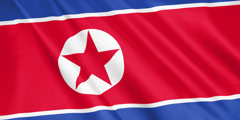North Korea flag waving with the wind, wide format, 3D illustration. 3D rendering.