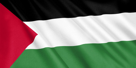 Palestina flag waving with the wind, wide format, 3D illustration. 3D rendering.