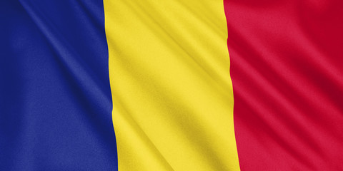 Romania flag waving with the wind, wide format, 3D illustration. 3D rendering.
