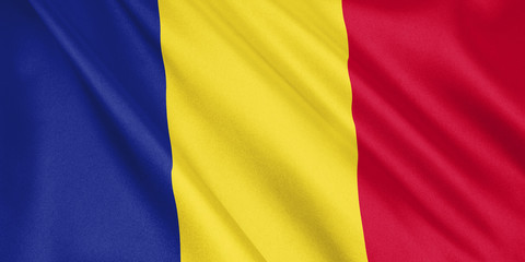 Fototapeta premium Romania flag waving with the wind, wide format, 3D illustration. 3D rendering.