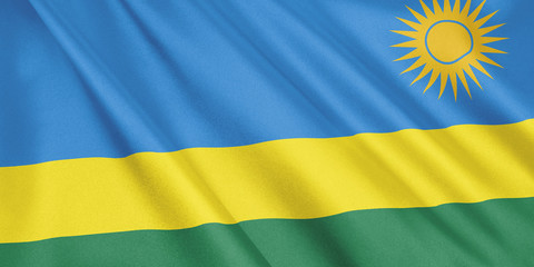 Rwanda flag waving with the wind, wide format, 3D illustration. 3D rendering.