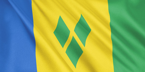 Saint Vincent and the Grenadines flag waving with the wind, wide format, 3D illustration. 3D rendering.