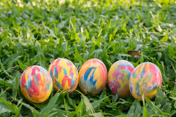 Row of Easter eggs in Fresh Green Grass.
