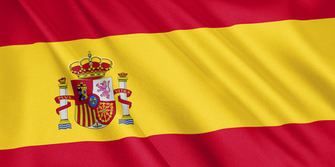 Obraz premium Spain flag waving with the wind, wide format, 3D illustration. 3D rendering.