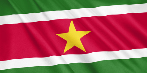 Suriname flag waving with the wind, wide format, 3D illustration. 3D rendering.
