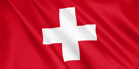 Switzerland flag waving with the wind, wide format, 3D illustration. 3D rendering.