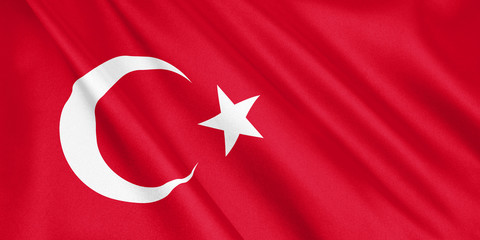 Turkey flag waving with the wind, wide format, 3D illustration. 3D rendering.