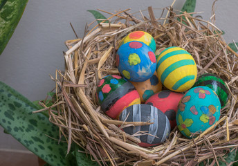 Row of Easter eggs in Fresh Green Grass.