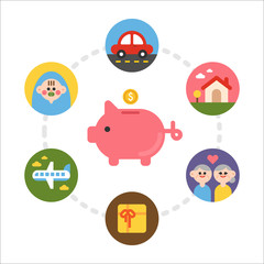 Savings for the life cycle vector flat design illustration set 
