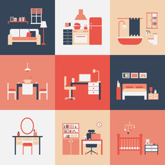 Each room  of the house. vector flat design illustration set 