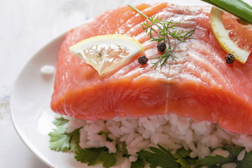 a large piece of meaty salmon with rice