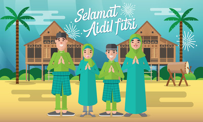  Selamat hari raya aidil fitri greeting card in flat style vector illustration with moslem family character, traditional malay village house / Kampung and drum.
