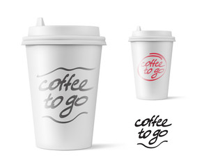 Realistic blank mock up paper cup with plastic lid. Coffee to go, take out mug. Vector illustration isolated and can be use for any backgrounds. EPS10.