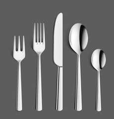 Set of fork, knifes and spoons on dark background. Vector illustration. Ready for your design. EPS10.