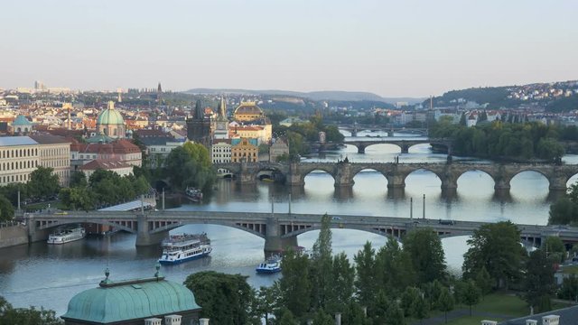 Elevated view over the Charles Bridge and River Vitava, Czech Republic, Europe - Time lapse