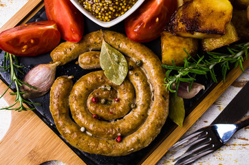 Fried round sausages