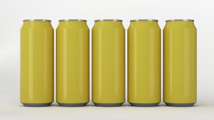  Yellow soda cans standing in two raws on white background