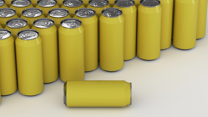 Big yellow soda cans on white background