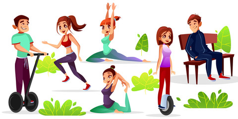 Boys and girls leisure vector illustration of teens sport and recreation in outdoor park. Cartoon young man and woman characters jogging or yoga exercise, riding mono-wheel hoverboard and gyroscooter © vectorpouch