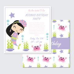 Cute mermaid girl with crab in the sea vector cartoon illustration for birthday card design, postcard, and wallpaper
