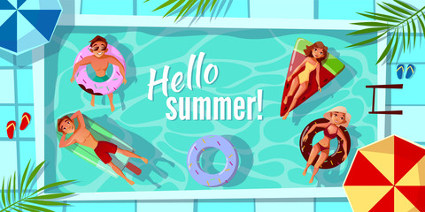 Hello Summer vector illustration for greeting card or seasonal poster. Vector young people swimming on swim rings in tropical fruit shape with palm leaf for summer pool party design