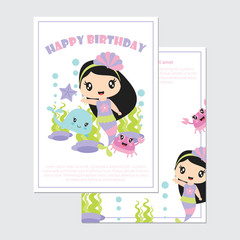Cute mermaid girl with crab and whale in the sea vector cartoon illustration for birthday card design, postcard, and wallpaper