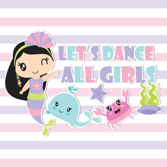 Cute mermaid and her friends are dancing vector cartoon illustration for Kid t-shirt background design, postcard, and wallpaper