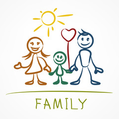 Happy family stick figures, hand drawn holding hands together