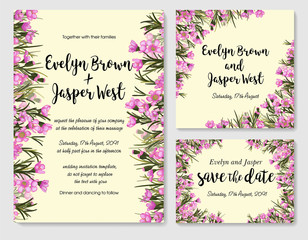 Rustic wedding set with pink wax flowers (chamelaucium). Wedding invitation, save the date, reception card, rsvp. Vector